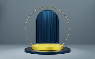 Empty yellow cylinder podium with gold border and blue curtain on gray arch background. Abstract minimal studio 3d geometric shape object. Mockup space for display of product design. 3d rendering. photo