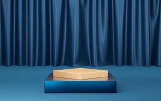 Empty blue and gold cube podium on blue background. Abstract minimal studio 3d geometric shape object. Mockup space for display of product design. 3d rendering. photo