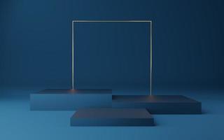 Empty blue cube podium with gold border and gold square on blue background. Abstract minimal studio 3d geometric shape object. Mockup space for display of product design. 3d rendering. photo