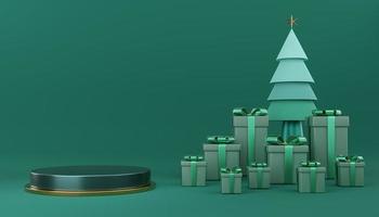 Empty green and gold cylinder podium with green gift box and pine trees on green background. Abstract minimal studio 3d geometric for Christmas. Mockup for Marry Christmas and New Year. 3d rendering. photo
