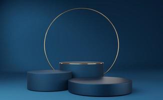 Empty blue cylinder podium with gold border and gold circle on blue background. Abstract minimal studio 3d geometric shape object. Mockup space for display of product design. 3d rendering. photo