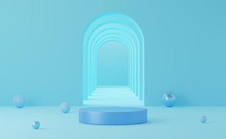 Empty blue cylinder podium and ball on arch blue background. Abstract minimal studio 3d geometric shape object. Mockup space for display of product design. 3d rendering. photo