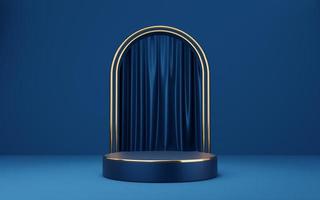 Empty blue cylinder podium with gold border on blue arch and curtain background. Abstract minimal studio 3d geometric shape object. Mockup space for display of product design. 3d rendering. photo