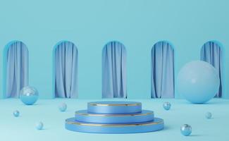 Empty blue cylinder podium with gold border and ball on arch and blue curtain background. Abstract minimal studio 3d geometric shape object. Mockup space for display of product design. 3d rendering. photo