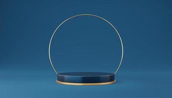 Empty blue cylinder podium with gold border and gold circle on blue background. Abstract minimal studio 3d geometric shape object. Pedestal mockup space for display of product design. 3d rendering. photo