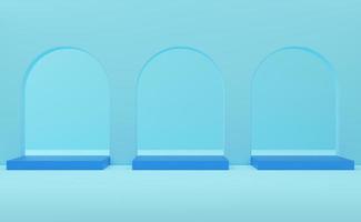 Empty blue cube podium on arch blue background. Abstract minimal studio 3d geometric shape object. Mockup space for display of product design. 3d rendering. photo