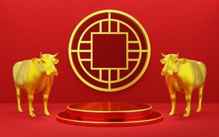 Empty red cylinder podium with gold border and cow on circle arch red background. Abstract minimal studio 3d geometric shape object. Pedestal mockup space for display of product design. 3d rendering. photo