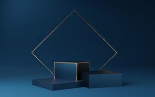 Empty blue cube podium with gold border  and gold square on blue background. Abstract minimal studio 3d geometric shape object. Mockup space for display of product design. 3d rendering. photo