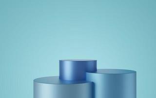 Empty blue cylinder podium on blue background. Abstract minimal studio 3d geometric shape object. Mockup space for display of product design. 3d rendering. photo