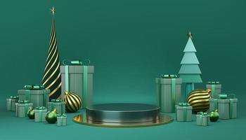 Empty green and gold cylinder podium with green gift box, pine trees, ball and star on green background. Abstract minimal studio 3d geometric for Christmas. Mockup for Merry Christmas. 3d rendering.