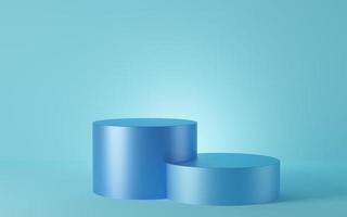 Empty blue cylinder podium on blue background. Abstract minimal studio 3d geometric shape object. Mockup space for display of product design. 3d rendering. photo