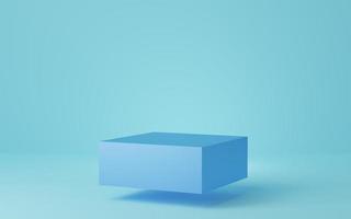 Empty blue cube podium floating on blue background. Abstract minimal studio 3d geometric shape object. Mockup space for display of product design. 3d rendering. photo