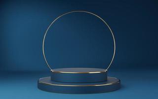 Empty blue cylinder podium with gold border and gold circle on blue background. Abstract minimal studio 3d geometric shape object. Mockup space for display of product design. 3d rendering. photo