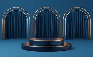 Empty blue cylinder podium on gold border arch blue curtain background. Abstract minimal studio 3d geometric shape object. Mockup space for display of product design. 3d rendering. photo