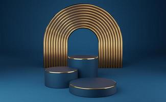 Empty blue cylinder podium with gold border and gold arch on blue background. Abstract minimal studio 3d geometric shape object. Mockup space for display of product design. 3d rendering. photo