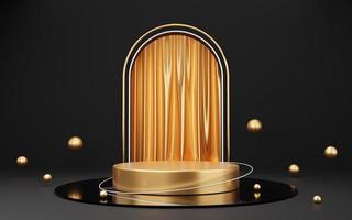 Empty gold cylinder podium ball and white circle on black arch and curtain background. Abstract minimal studio 3d geometric shape object. Mockup space for display of product design. 3d rendering. photo