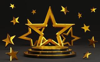 Black podium and edge of gold with 3 big gold star on black background. Award podium star gold. contest stage. photo