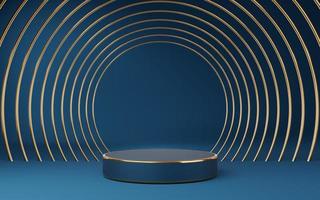 Empty blue cylinder podium with gold border and gold circle on blue background. Abstract minimal studio 3d geometric shape object. Mockup space for display of product design. 3d rendering. photo