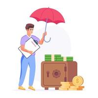 Person covers money with umbrella, concept of saving insurance flat illustration vector