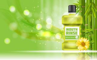 Mouth Rinse Design Cosmetics Product Bottle with Bamboo and Calendula Template for Ads, Announcement Sale, Promotion New Product or Magazine Background. 3D Realistic Vector Iillustration