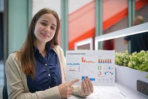 Young businesswoman at workplace and reading paper in office photo