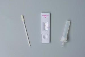 Rapid Antigen Test kit with Negative result during swab COVID-19 testing. Coronavirus Self nasal or Home test, Lockdown and Home Isolation concept photo