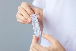 man holding Rapid Antigen Test kit with Negative result during swab COVID-19 testing. Coronavirus Self nasal or Home test, Lockdown and Home Isolation concept photo