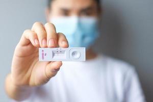 woman holding Rapid Antigen Test kit with Negative result during swab COVID-19 testing. Coronavirus Self nasal or Home test, Lockdown and Home Isolation concept photo