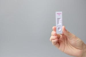 man holding Rapid Antigen Test kit with Negative result during swab COVID-19 testing. Coronavirus Self nasal or Home test, Lockdown and Home Isolation concept photo