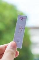 man holding Rapid Antigen Test kit with Negative result during swab COVID-19 testing. Coronavirus Self nasal or Home test, Lockdown and Home Isolation concept photo