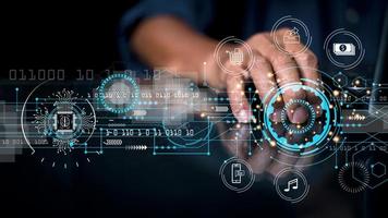 Businessman scanning fingerprints on virtual screen digital information management concept big data internet of things and business processes Automation, Various Storage Systems, Cloud Computing photo