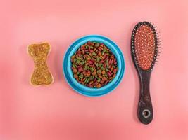 Dry food in bowls with bone and comb for pets on color background.  Flat lay concept photo