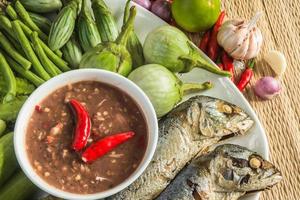 Chili paste and egg with fried mackerel, vegetable Thai food photo