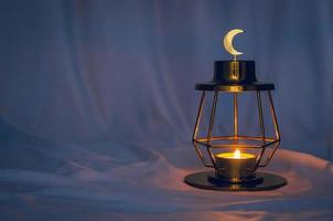 Modern golden lantern that have moon symbol on top with dark background.