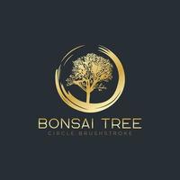 Circle brushstroke with bonsai tree logo, plant silhouette icons on white background. vector