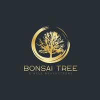 Circle brushstroke with bonsai tree logo, plant silhouette icons on white background.