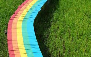 old wooden walkway painted in mordant colors. photo