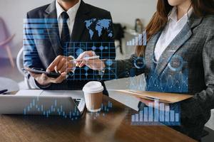 Intelligence and business analytics with key performance indicators dashboard concept.StartUp Programming as Fintech concept.Business team meeting. Photo professional investor
