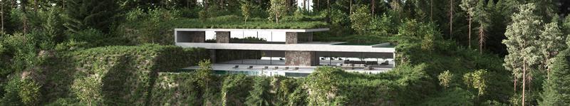 Modern building architecture design, home terrace, swimming pool, sun lounger, window, concrete, stone. beautiful mountains, Nature, forest, trees, panoramic view. 3d rendering illustration exterior. photo