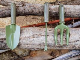 Gardening tools on wood photo