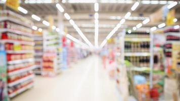 Abstract blur supermarket aisle with colorful product on shelves background photo