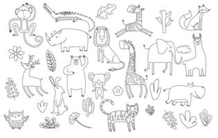 gran conjunto de dibujos animados de lindos animales de garabato. vector
