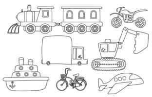 black line doodle set of cute transportation. vector