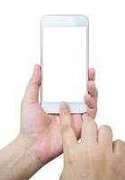 Hand holding smart phone isolated on white background photo