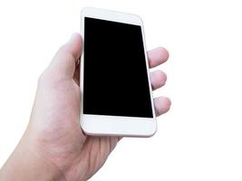 Hand holding smart phone isolated on white background photo