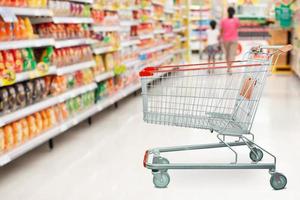 Supermarket aisle with empty shopping cart at grocery store retail business concept photo