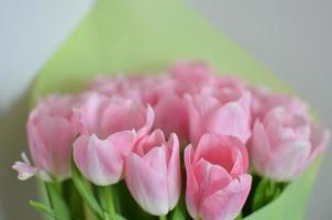 ramo de flores de tulipanes con tulipanes rosas en papel verde foto