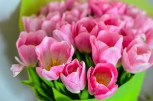 Tulips flowers bouquet with pink tulips in green paper photo