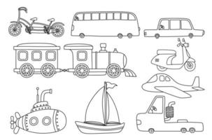 black line doodle set of cute transportation.