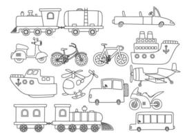 black line doodle set of cute transportation. vector